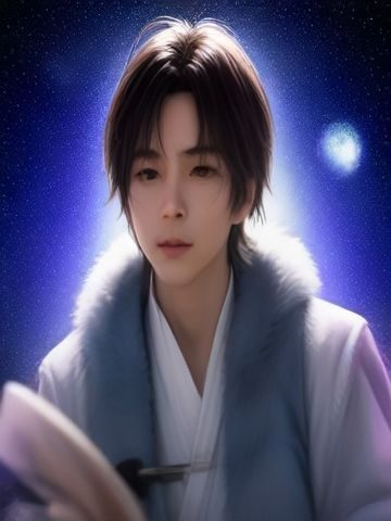 优蓝仙气正太风格角色在蓝紫色星空背景下身着飘逸仙袍，发丝随风轻扬，整体画面充满空灵仙气感